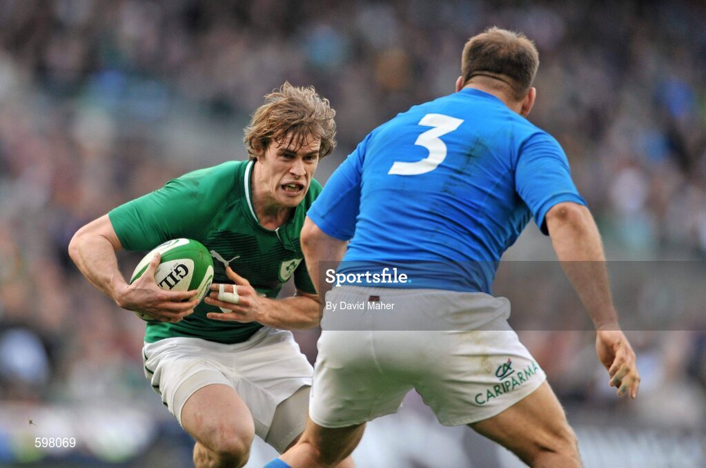 25 February 2012; Andrew Trimble, Ireland, in action against Lorenzo Cittadini, Italy. RBS Six Nations Rugby Championship, Ireland v Italy, Aviva Stadium, Lansdowne Road, Dublin. Picture credit: David Maher / SPORTSFILE