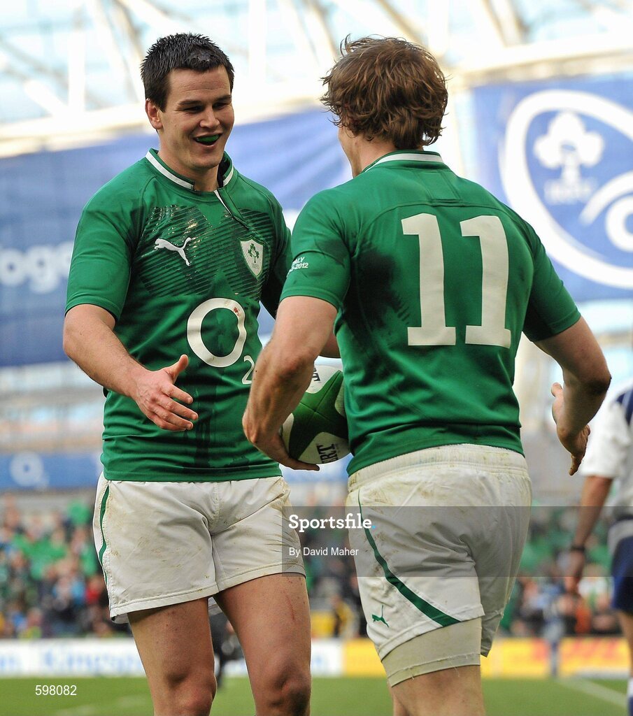 25 February 2012; Jonathan Sexton, left, Ireland, congratulates Andrew Trimble after scoring his side's fifth try. RBS Six Nations Rugby Championship, Ireland v Italy, Aviva Stadium, Lansdowne Road, Dublin. Picture credit: David Maher / SPORTSFILE