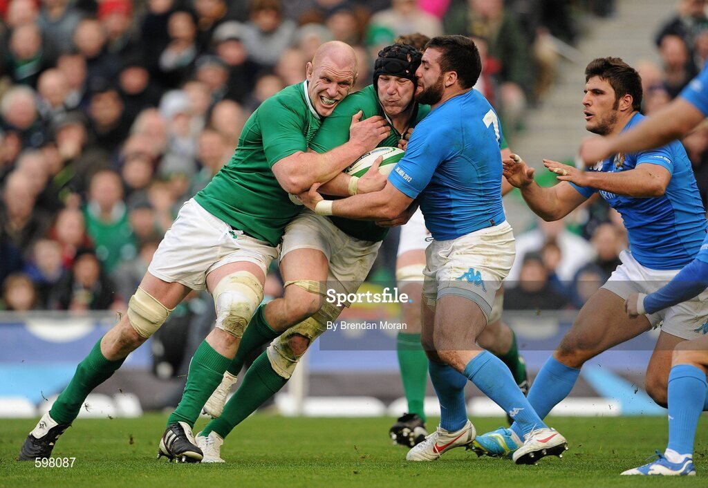 25 February 2012; Stephen Ferris, Ireland, with support from team mate Paul O'Connell, is tackled by Robert Barbieri, Italy. RBS Six Nations Rugby Championship, Ireland v Italy, Aviva Stadium, Lansdowne Road, Dublin. Picture credit: Brendan Moran / SPORTSFILE