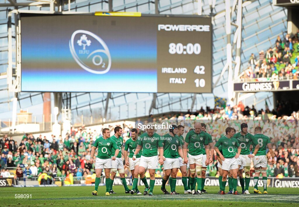 25 February 2012; The Ireland team leave the pitch after the game, with the scoreboard showing the full time score of Ireland 42, Italy 10. RBS Six Nations Rugby Championship, Ireland v Italy, Aviva Stadium, Lansdowne Road, Dublin. Picture credit: Brendan Moran / SPORTSFILE