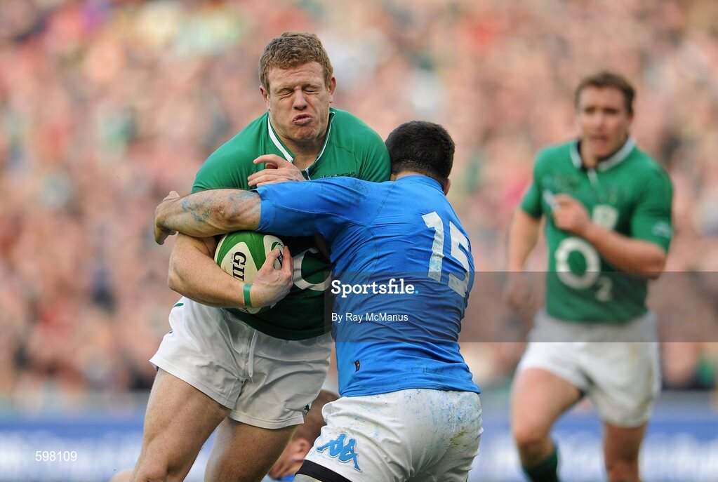 25 February 2012; Sean Cronin, Ireland, is tackled by Andrea Masi, Italy. RBS Six Nations Rugby Championship, Ireland v Italy, Aviva Stadium, Lansdowne Road, Dublin. Picture credit: Ray McManus / SPORTSFILE