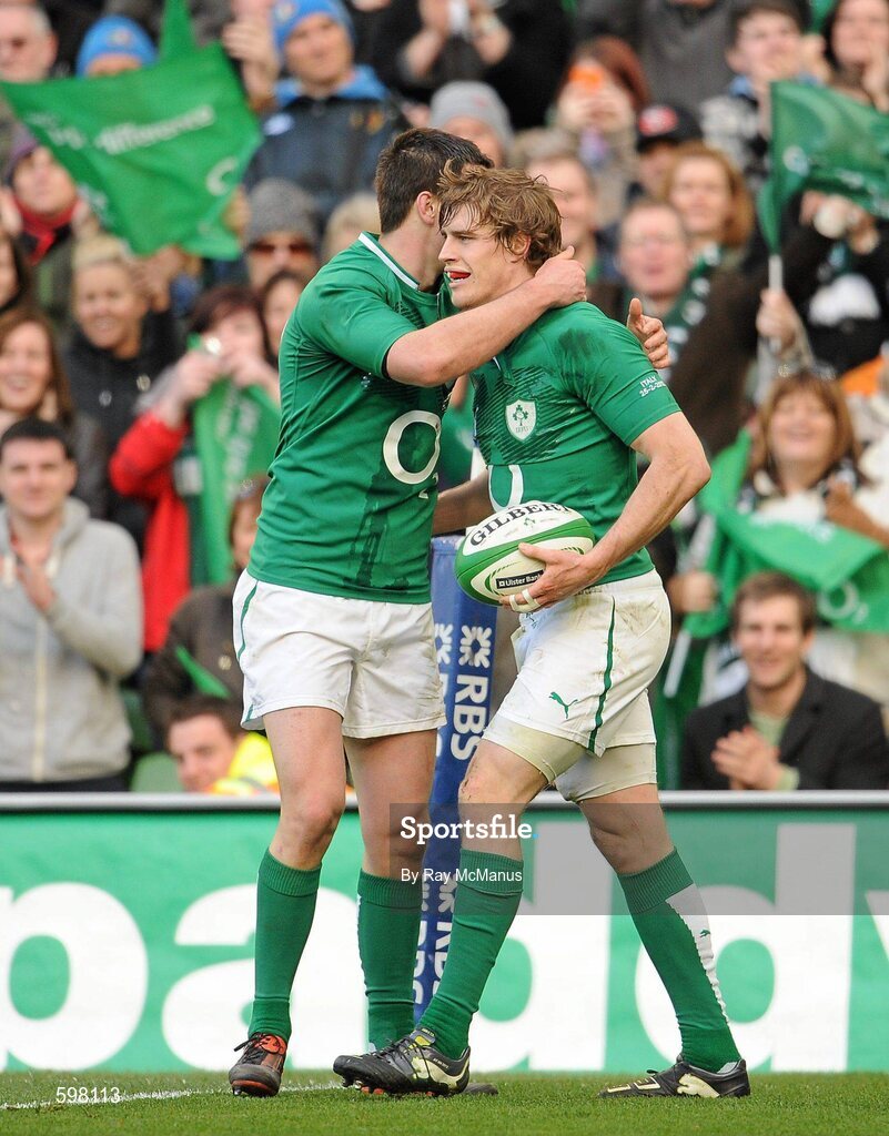 25 February 2012; Andrew Trimble, Ireland, is congratulated by team mate Jonathan Sexton after scoring his side's fifth try. RBS Six Nations Rugby Championship, Ireland v Italy, Aviva Stadium, Lansdowne Road, Dublin. Picture credit: Ray McManus / SPORTSFILE