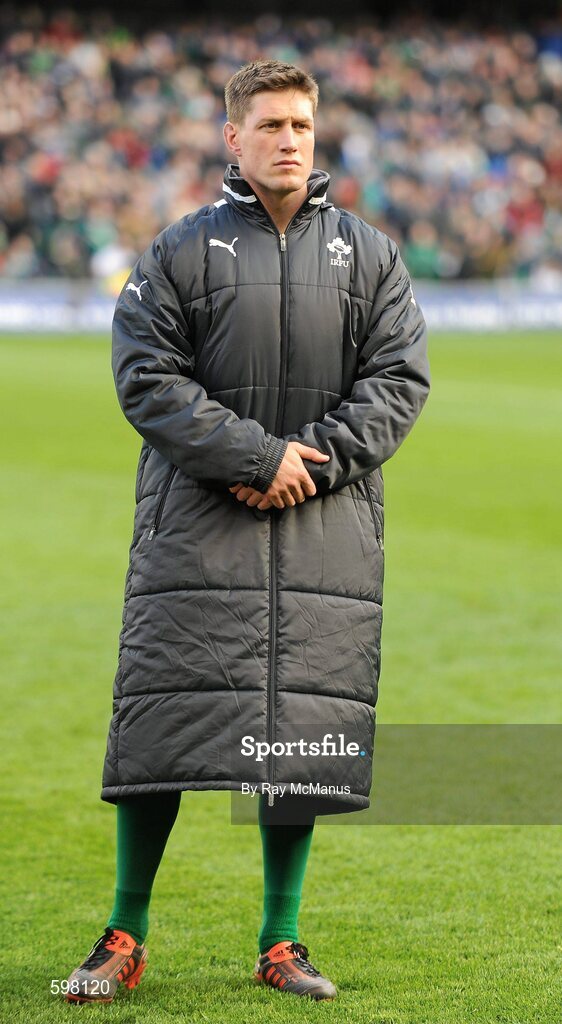 25 February 2012; Ireland's Ronan O'Gara, who came on for his 118th cap, joins his team mates in the line up before the game. RBS Six Nations Rugby Championship, Ireland v Italy, Aviva Stadium, Lansdowne Road, Dublin. Picture credit: Ray McManus / SPORTSFILE