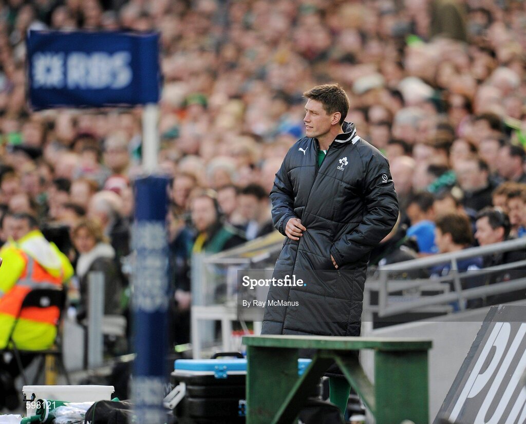 25 February 2012; Ireland's Ronan O'Gara, who came on for his 118th cap, waits for the call before joining the game. RBS Six Nations Rugby Championship, Ireland v Italy, Aviva Stadium, Lansdowne Road, Dublin. Picture credit: Ray McManus / SPORTSFILE