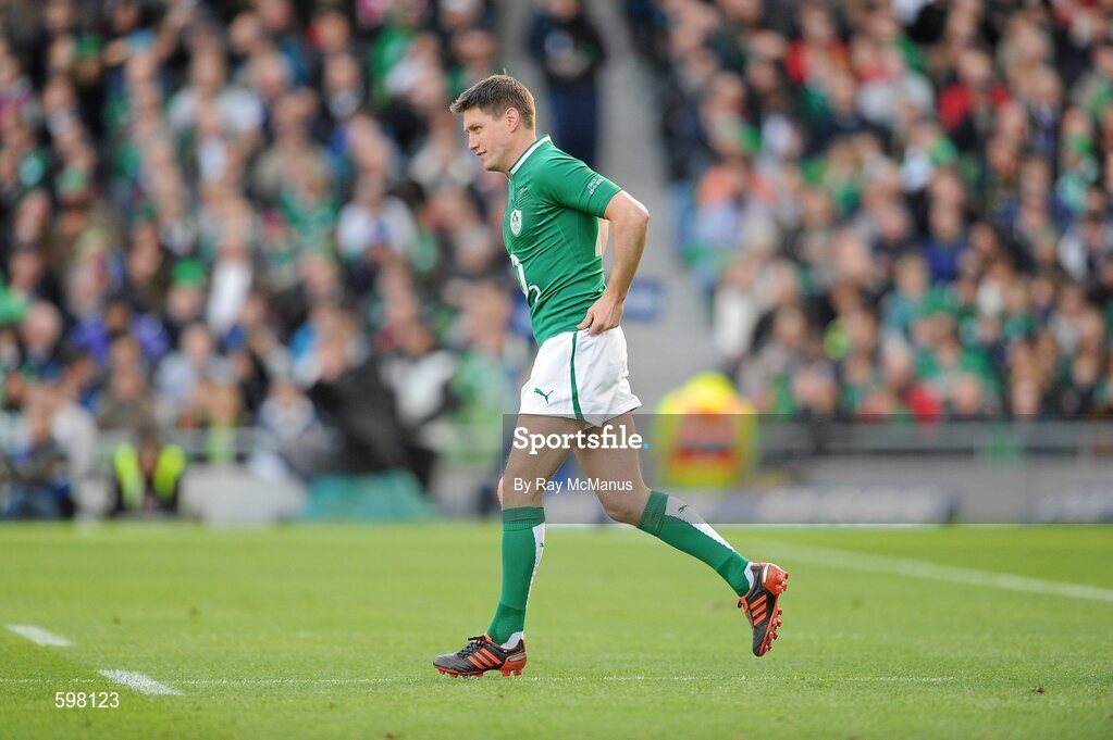 25 February 2012; Ireland's Ronan O'Gara runs on to the field in the first half for a blood injury. He later came on as a substitute to earn his 118th cap. RBS Six Nations Rugby Championship, Ireland v Italy, Aviva Stadium, Lansdowne Road, Dublin. Picture credit: Ray McManus / SPORTSFILE