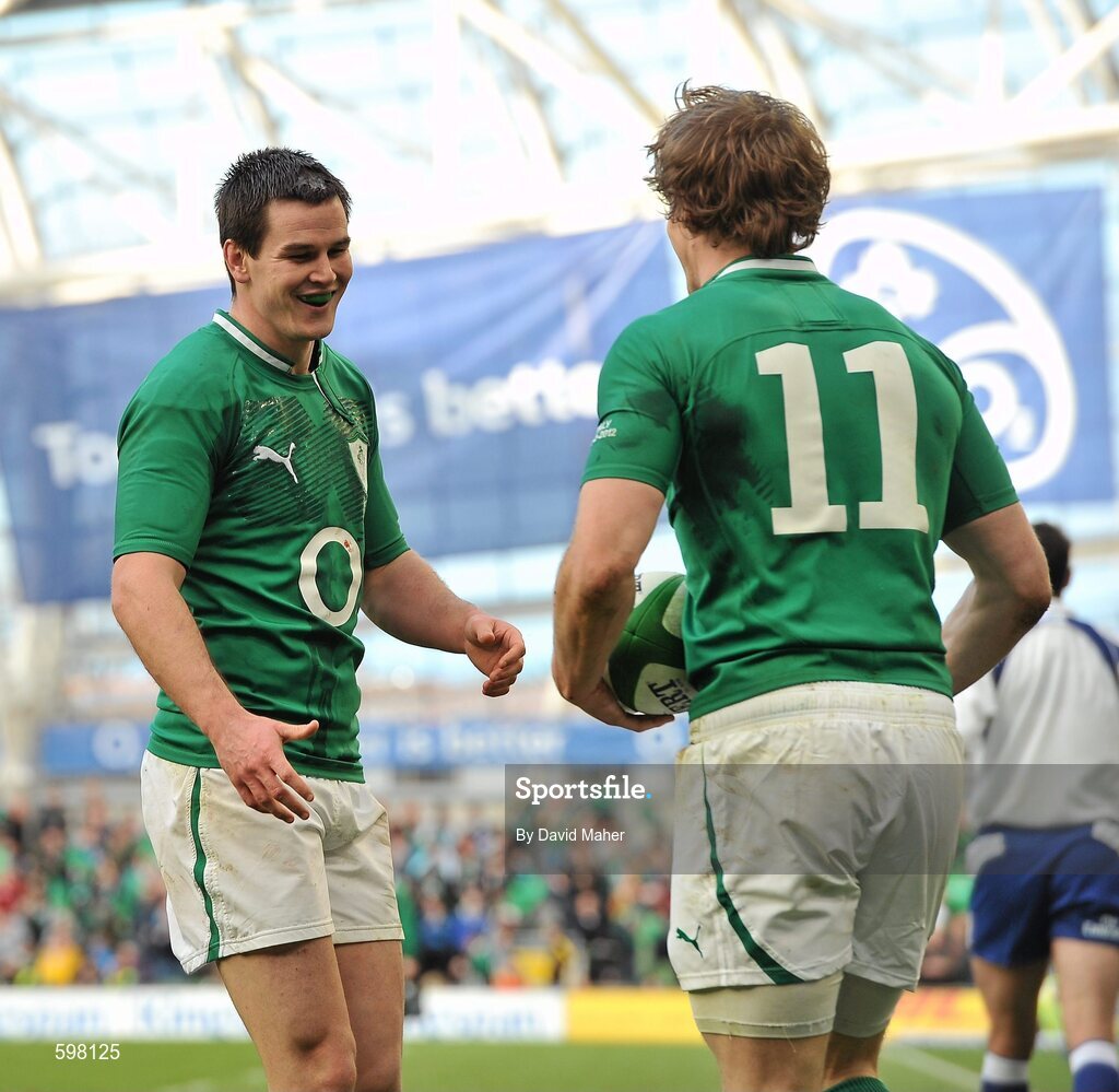 25 February 2012; Jonathan Sexton, left, Ireland, congratulates Andrew Trimble after scoring his side's fifth try. RBS Six Nations Rugby Championship, Ireland v Italy, Aviva Stadium, Lansdowne Road, Dublin. Picture credit: David Maher / SPORTSFILE