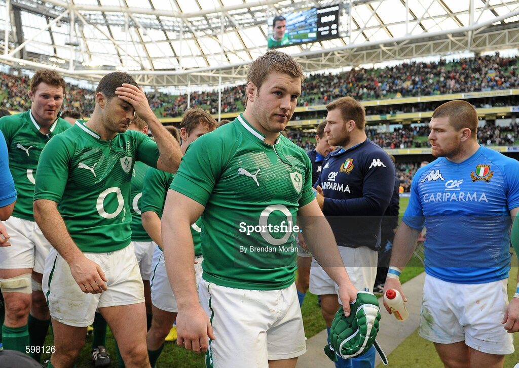 25 February 2012; Ireland players, from left, Donnacha Ryan, Rob Kearney and Sean O'Brien leave the pitch after the game. RBS Six Nations Rugby Championship, Ireland v Italy, Aviva Stadium, Lansdowne Road, Dublin. Picture credit: Brendan Moran / SPORTSFILE