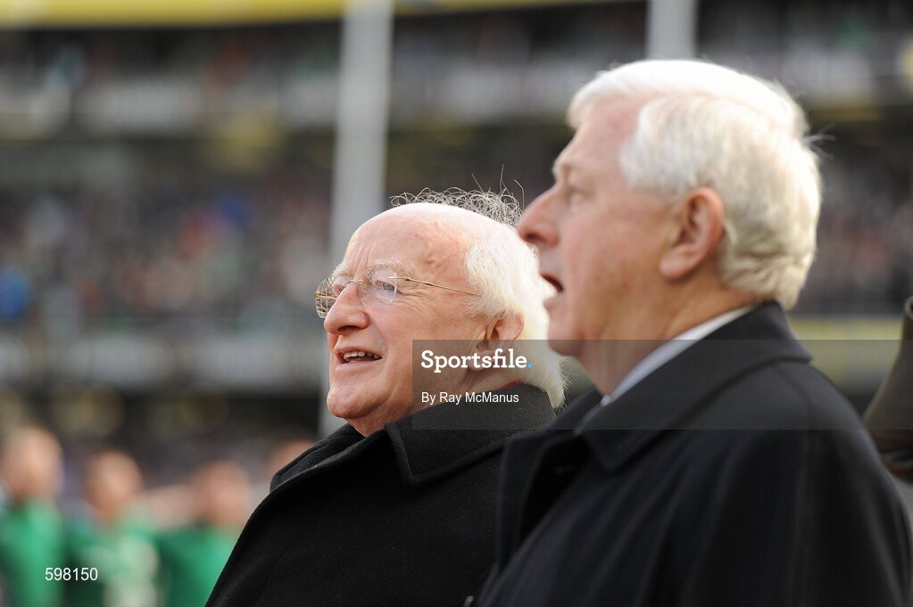 25 February 2012; President of Ireland Michael D. Higgins and IRFU President John Hussey sing the National Anthem - Amhrán na bhFiann. RBS Six Nations Rugby Championship, Ireland v Italy, Aviva Stadium, Lansdowne Road, Dublin. Picture credit: Ray McManus / SPORTSFILE