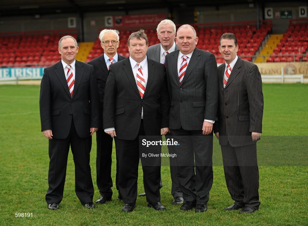 25 February 2012; Derry City Board of Directors, from left, Peter Wallace, Tony O'Doherty, Philip O'Doherty, Michael Doherty, Sean Barrett and Martin Mullan. Derry City Squad Photo and Portraits 2012, Brandywell Stadium, Derry. Picture credit: Oliver McVeigh / SPORTSFILE