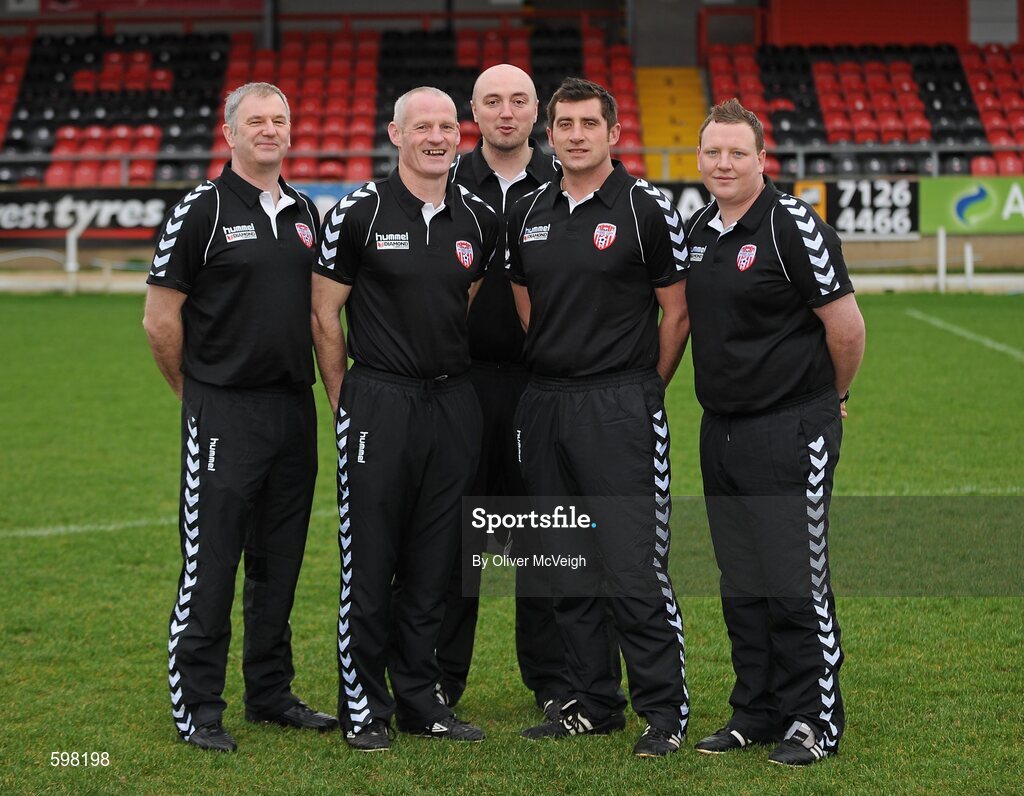 25 February 2012; Derry City management team, from left, Brian Hutchinson, Goalkeeping coach, Paul Hegarty, Assistant manager, Colm O'Neill, Physiotherapist, Declan Devine, Manager, and Gareth Cambell, Team attendant. Derry City Squad Photo and Portraits 2012, Brandywell Stadium, Derry. Picture credit: Oliver McVeigh / SPORTSFILE