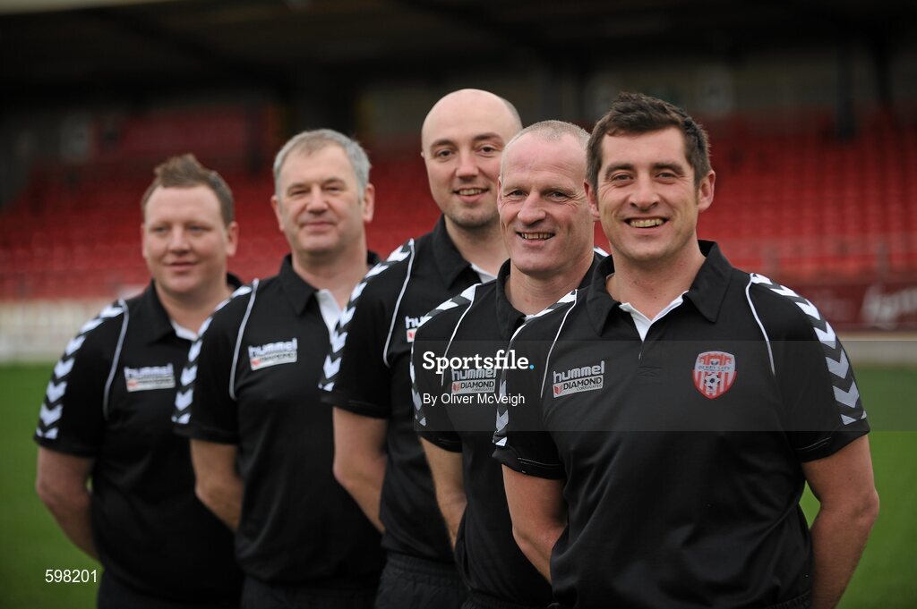 25 February 2012; Derry City management team, from right, Declan Devine, Manager, Paul Hegarty, Assistant manager, Colm O'Neill, Physiotherapist, Brian Hutchinson, Goalkeeping coach, and Gareth Cambell, Team attendant. Derry City Squad Photo and Portraits 2012, Brandywell Stadium, Derry. Picture credit: Oliver McVeigh / SPORTSFILE