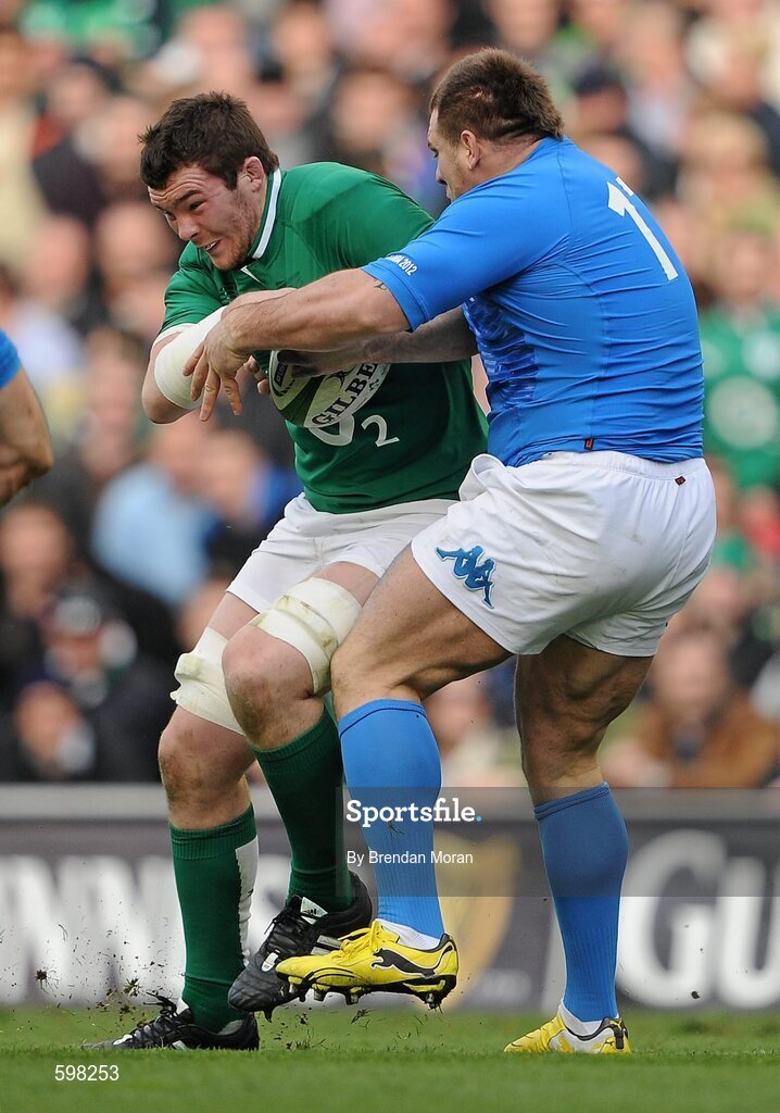 25 February 2012; Peter O'Mahony, Ireland, is tackled by Fabio Stalbano, Italy. RBS Six Nations Rugby Championship, Ireland v Italy, Aviva Stadium, Lansdowne Road, Dublin. Picture credit: Brendan Moran / SPORTSFILE