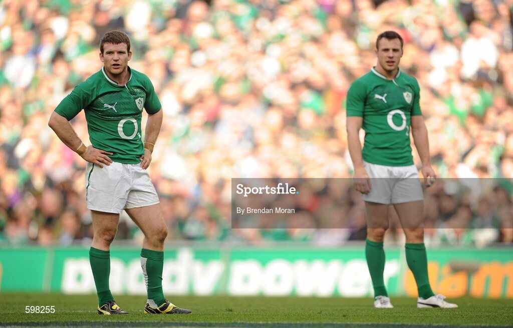 25 February 2012; Gordon D'Arcy, left, and Tommy Bowe, Ireland, in the centre during the game. RBS Six Nations Rugby Championship, Ireland v Italy, Aviva Stadium, Lansdowne Road, Dublin. Picture credit: Brendan Moran / SPORTSFILE