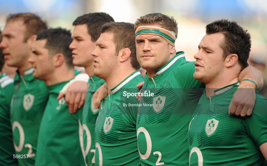 25 February 2012; Jamie Heaslip, Ireland, looks on in the line-up alongside team-mates, from left, Stephen Ferris, Rob Kearney, Jonathan Sexton, Sean O'Brien, and Cian Healy. RBS Six Nations Rugby Championship, Ireland v Italy, Aviva Stadium, Lansdowne Road, Dublin. Picture credit: Brendan Moran / SPORTSFILE