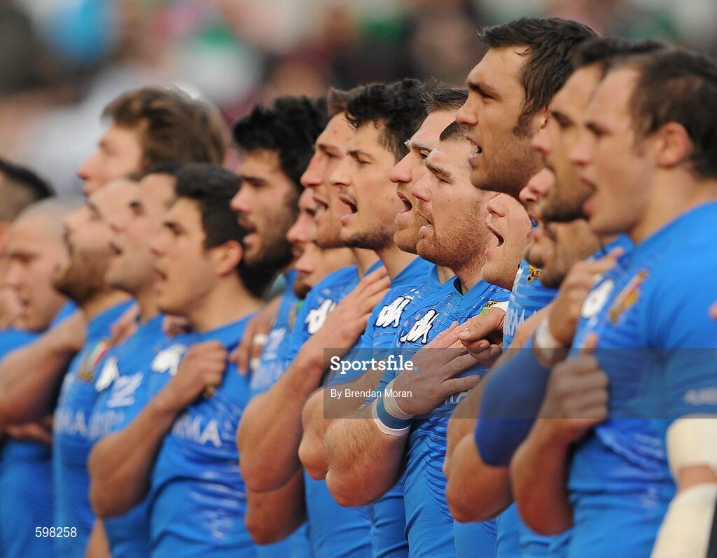 25 February 2012; The Italian team stand for their National Anthem before the game. RBS Six Nations Rugby Championship, Ireland v Italy, Aviva Stadium, Lansdowne Road, Dublin. Picture credit: Brendan Moran / SPORTSFILE