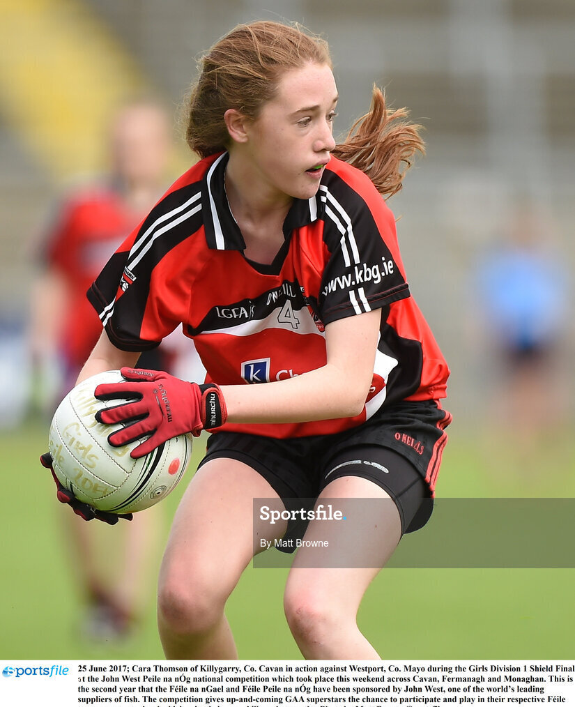 25 June 2017; Cara Thomson of Killygarry, Co. Cavan in action against Westport, Co. Mayo during the Girls Division 1 Shield Final at the John West Peile na nÓg national competition which took place this weekend across Cavan, Fermanagh and Monaghan. This is the second year that the Féile na nGael and Féile Peile na nÓg have been sponsored by John West, one of the world’s leading suppliers of fish. The competition gives up-and-coming GAA superstars the chance to participate and play in their respective Féile tournament, at a level which suits their age, skills and strengths. Photo by Matt Browne/Sportsfile