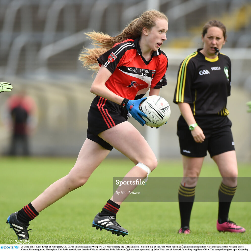 25 June 2017; Katie Lynch of Killygarry, Co. Cavan in action against Westport, Co. Mayo during the Girls Division 1 Shield Final at the John West Peile na nÓg national competition which took place this weekend across Cavan, Fermanagh and Monaghan. This is the second year that the Féile na nGael and Féile Peile na nÓg have been sponsored by John West, one of the world’s leading suppliers of fish. The competition gives up-and-coming GAA superstars the chance to participate and play in their respective Féile tournament, at a level which suits their age, skills and strengths. Photo by Matt Browne/Sportsfile