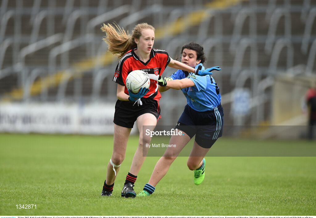 25 June 2017; Katie Lynch of Killygarry, Co. Cavan in action against Saoirse Kellt of Westport, Co. Mayo during the Girls Division 1 Shield Final at the John West Peile na nÓg national competition which took place this weekend across Cavan, Fermanagh and Monaghan. This is the second year that the Féile na nGael and Féile Peile na nÓg have been sponsored by John West, one of the world’s leading suppliers of fish. The competition gives up-and-coming GAA superstars the chance to participate and play in their respective Féile tournament, at a level which suits their age, skills and strengths. Photo by Matt Browne/Sportsfile