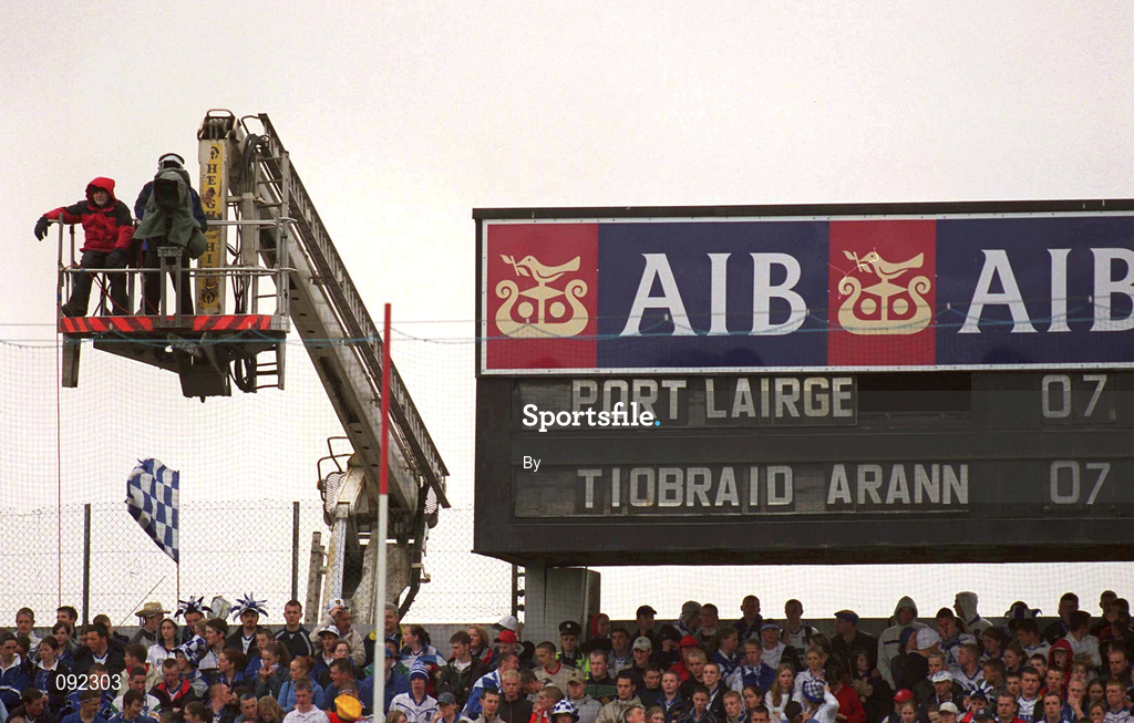 30 June 2002; RTE TV cameras cover the game from a cherry picker. Waterford v Tipperary, Guinness Munster Hurling Final, Pairc Ui Chaoimh, Cork. Picture credit; Brendan Moran / SPORTSFILE