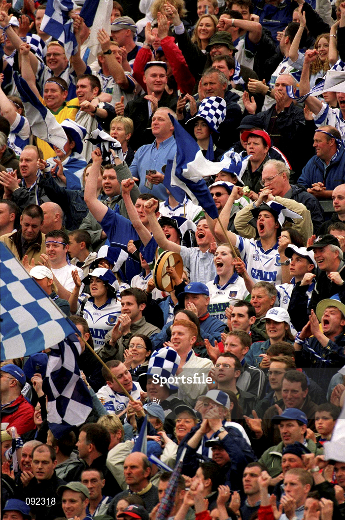 30 June 2002; Waterford hurling fans cheer on their side during the game. Waterford v Tipperary, Guinness Munster Hurling Final, Pairc Ui Chaoimh, Cork. Picture credit; Ray McManus / SPORTSFILE