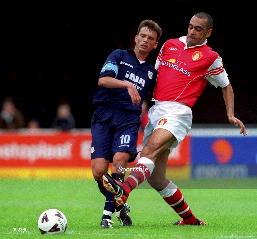 30 June 2002; Paul Osam, St. Patrick's Athletic, in action against Blendi Shkembi, HNK Rijeka. St. Patrick's Athletic v HNK Rijeka, UEFA Intertoto Cup, Richmond Park, Dublin. Soccer. Picture credit; Ray Lohan / SPORTSFILE