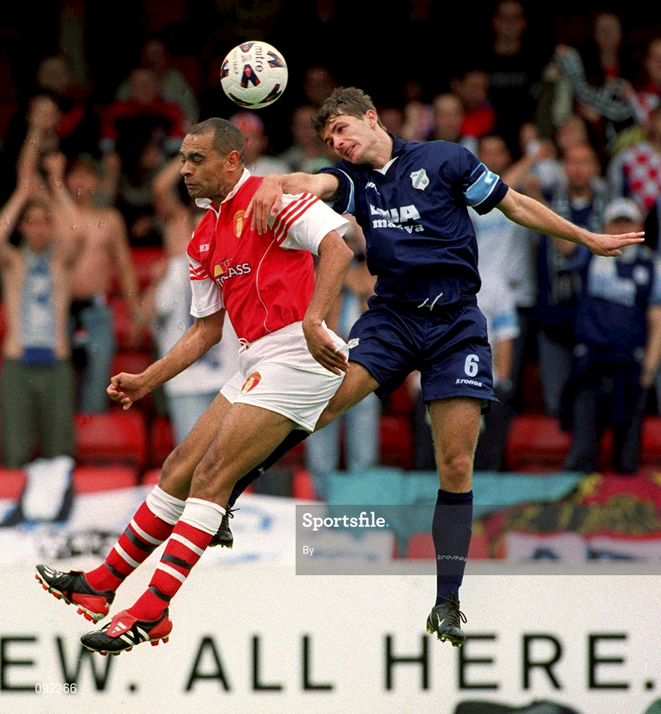 30 June 2002; Paul Osam, St. Patrick's Athletic, in action against Stjepan Skocibusic, HNK Rijeka. St. Patrick's Athletic v HNK Rijeka, UEFA Intertoto Cup, Richmond Park, Dublin. Soccer. Picture credit; Pat Murphy / SPORTSFILE