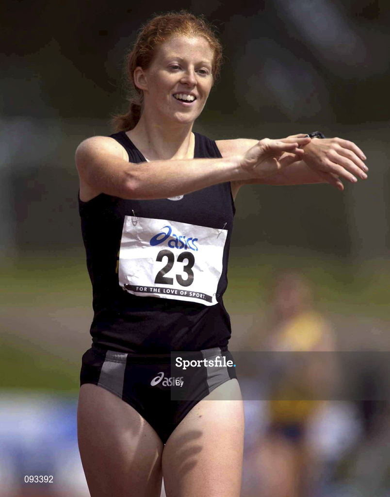 13 July 2002; Gillian O'Sullivan, Farranfore Maine Valley AC, stops her watch on crossing the finish line after setting a World Record Time of 20.02.60, subject to ratification by the IAAF, on the track in the Women's 5000m Walk. AAI National Track and Field Championships, Morton Stadium, Santry, Dublin. Athletics. Picture credit; Brendan Moran / SPORTSFILE *EDI*