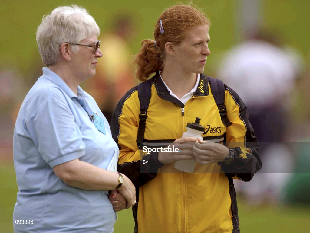 13 July 2002; Gillian O'Sullivan, right, waits on the doping control team with doping control chaperone Aine Popejoy, after O'Sullivan set a world record on the track in the Women's 5000m walk.  AAI National Track and Field Championships, Morton Stadium, Santry, Dublin. Athletics. Picture credit; Brendan Moran / SPORTSFILE *EDI*