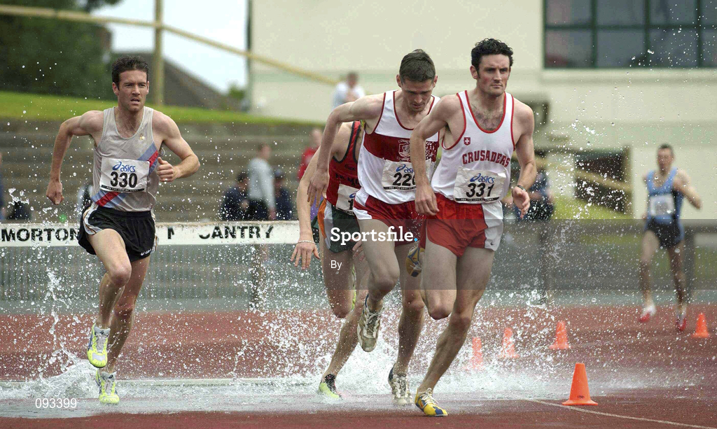 13 July 2002; Eugene O'Neill, Crusaders AC, (331), leads Paul McNamara (220) and defending champion Cormac Smyth (330) on his way to winning the Men's 3000m Steeplechase Final. AAI National Track and Field Championships, Morton Stadium, Santry, Dublin. Athletics. Picture credit; Brendan Moran / SPORTSFILE *EDI*