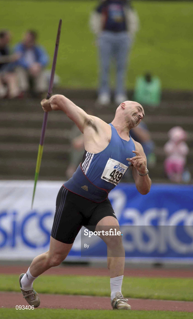 13 July 2002; Terry McHugh throws his first javelin during the Men's Javelin event, where he was going for a world record 19th consecutive victory. AAI National Track and Field Championships, Morton Stadium, Santry, Dublin. Athletics. Picture credit; Brendan Moran / SPORTSFILE *EDI*