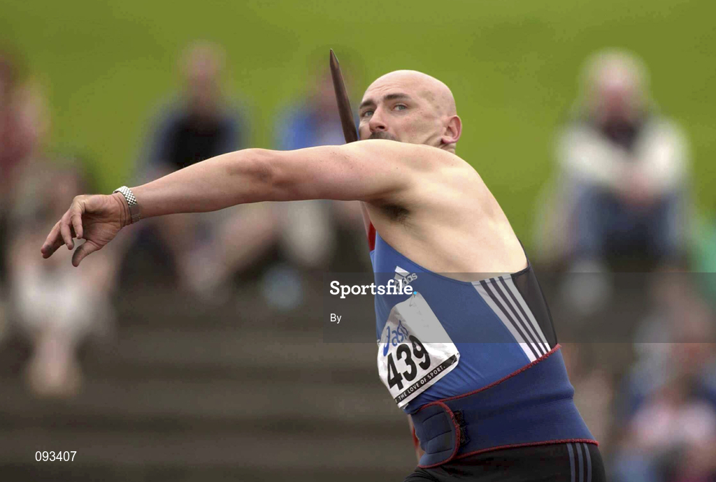 13 July 2002; Terry McHugh on his second throw before collapsing with a knee injury during the Men's Javelin event, where he was going for a world record 19th consecutive victory. AAI National Track and Field Championships, Morton Stadium, Santry, Dublin. Athletics. Picture credit; Brendan Moran / SPORTSFILE *EDI*