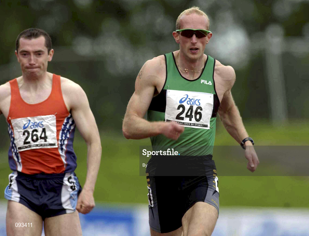 13 July 2002; Paul Brizzell, Ballymena, and Antrim AC,  (246) leads Gary Ryan (264) on his way to winning the Men's 200m Final. AAI National Track and Field Championships, Morton Stadium, Santry, Dublin. Athletics. Picture credit; Brendan Moran / SPORTSFILE *EDI*