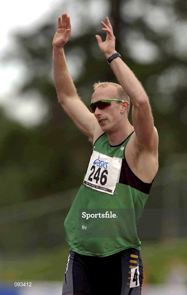 13 July 2002; Paul Brizzell, Ballymena and Antrim AC, celebrates winning the Men's 200m Final. AAI National Track and Field Championships, Morton Stadium, Santry, Dublin. Athletics. Picture credit; Brendan Moran / SPORTSFILE *EDI*