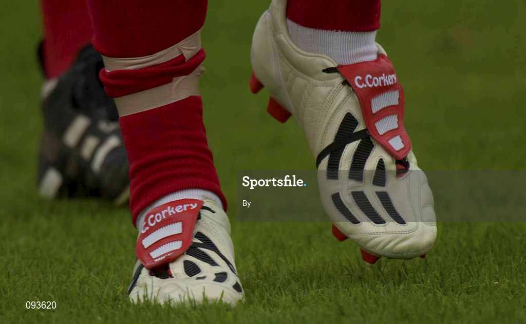 14 July 2002; Cork captain Colin Corkery wearing a pair of customised foorball boots bearing his name against Tipperary. Bank of Ireland Munster Football Final, Cork v Tipperary, Semple Stadium, Thurles, Co. Tipperary. Picture credit; Brendan Moran / SPORTSFILE *EDI*