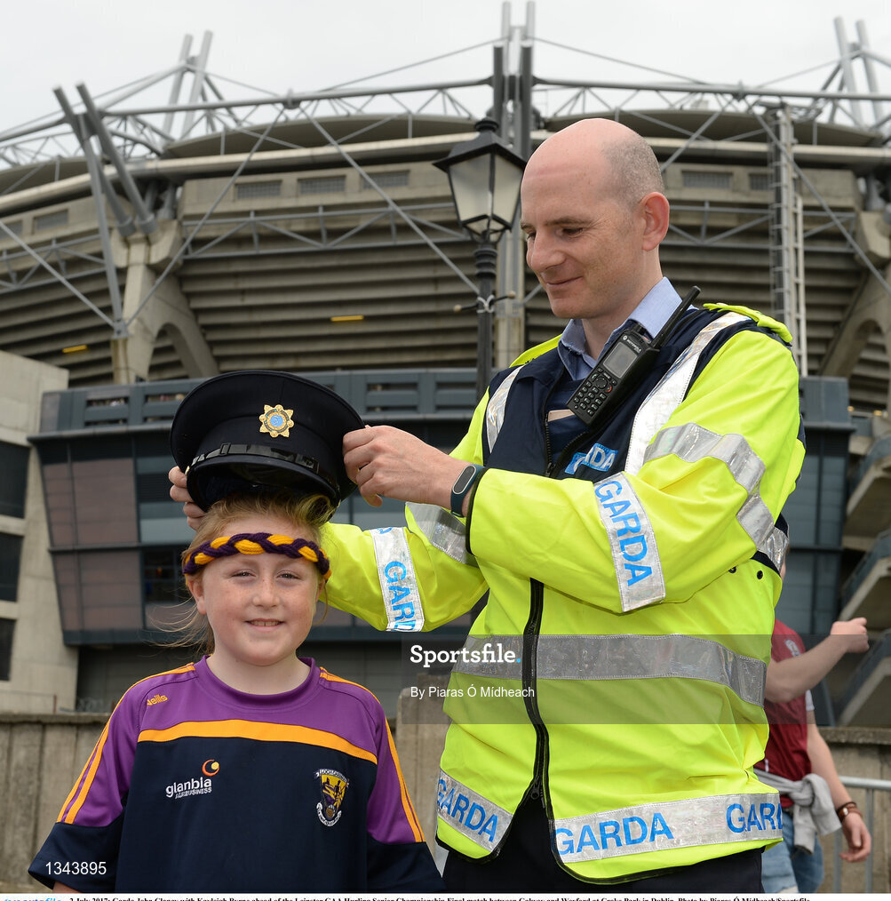2 July 2017; Garda John Clancy with Kayleigh Byrne ahead of the Leinster GAA Hurling Senior Championship Final match between Galway and Wexford at Croke Park in Dublin. Photo by Piaras Ó Mídheach/Sportsfile
