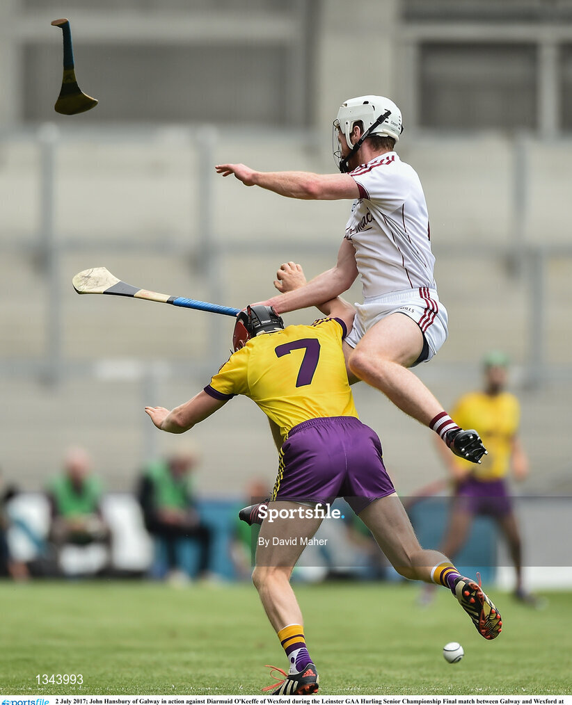 2 July 2017; John Hansbury of Galway in action against Diarmuid O'Keeffe of Wexford during the Leinster GAA Hurling Senior Championship Final match between Galway and Wexford at Croke Park in Dublin. Photo by David Maher/Sportsfile