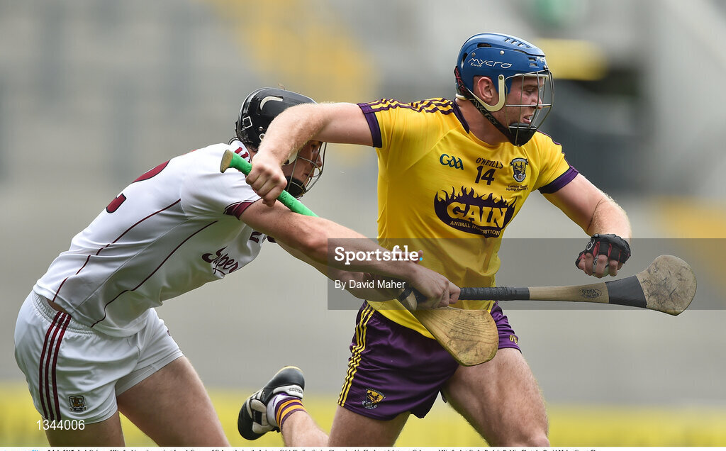 2 July 2017; Jack Guiney of Wexford in action against Joseph Cooney of Galway during the Leinster GAA Hurling Senior Championship Final match between Galway and Wexford at Croke Park in Dublin. Photo by David Maher/Sportsfile