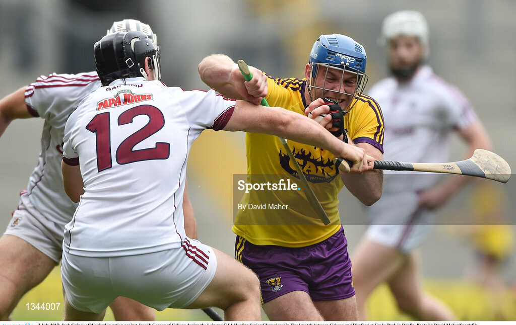 2 July 2017; Jack Guiney of Wexford in action against Joseph Cooney of Galway during the Leinster GAA Hurling Senior Championship Final match between Galway and Wexford at Croke Park in Dublin. Photo by David Maher/Sportsfile