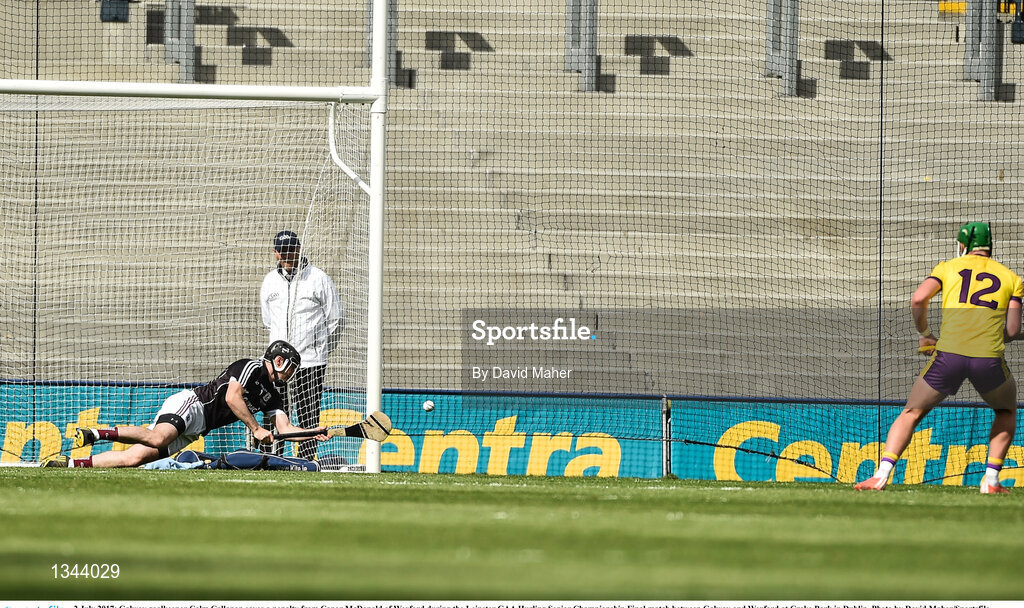 2 July 2017; Galway goalkeeper Colm Callanan saves a penalty from Conor McDonald of Wexford during the Leinster GAA Hurling Senior Championship Final match between Galway and Wexford at Croke Park in Dublin. Photo by David Maher/Sportsfile
