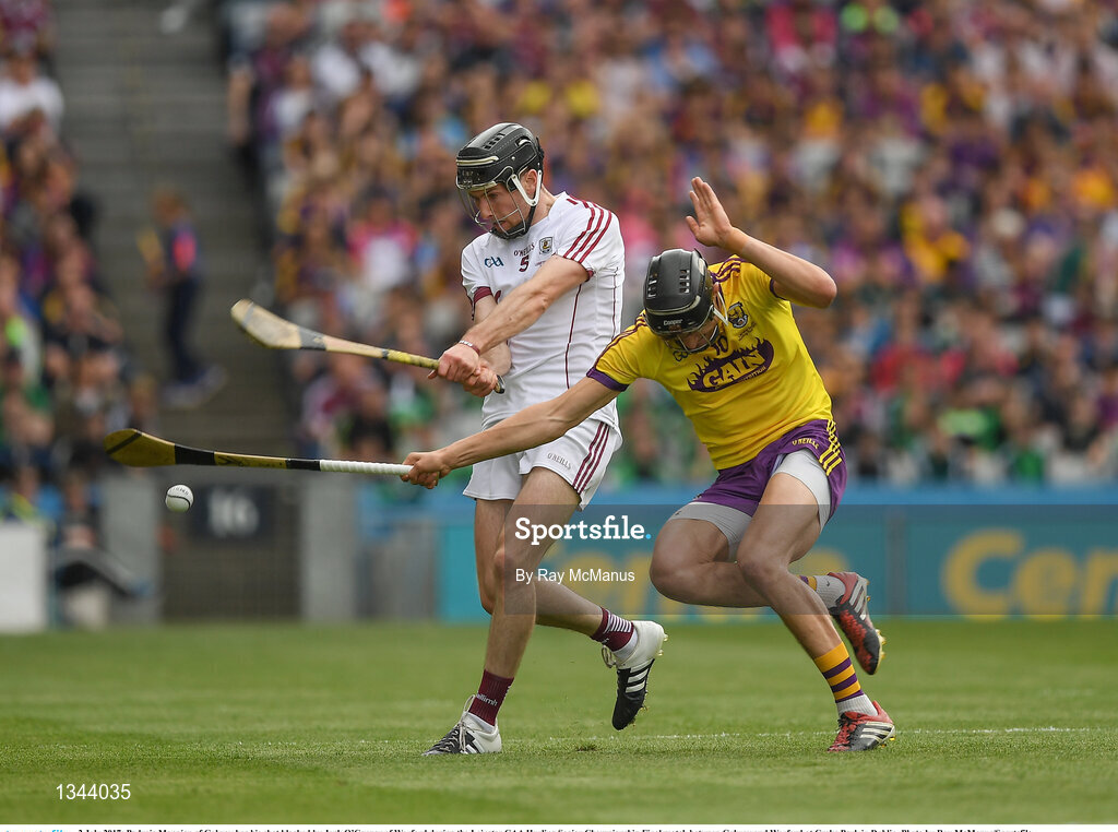 2 July 2017; Padraic Mannion of Galway has his shot blocked by Jack O’Connor of Wexford during the Leinster GAA Hurling Senior Championship Final match between Galway and Wexford at Croke Park in Dublin. Photo by Ray McManus/Sportsfile
