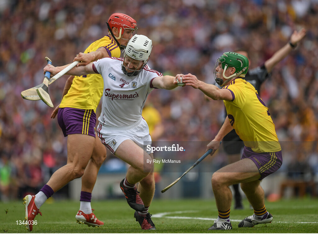 2 July 2017; John Hanbury of Galway in action against Lee Chin and Aidan Nolan of Wexford during the Leinster GAA Hurling Senior Championship Final match between Galway and Wexford at Croke Park in Dublin. Photo by Ray McManus/Sportsfile