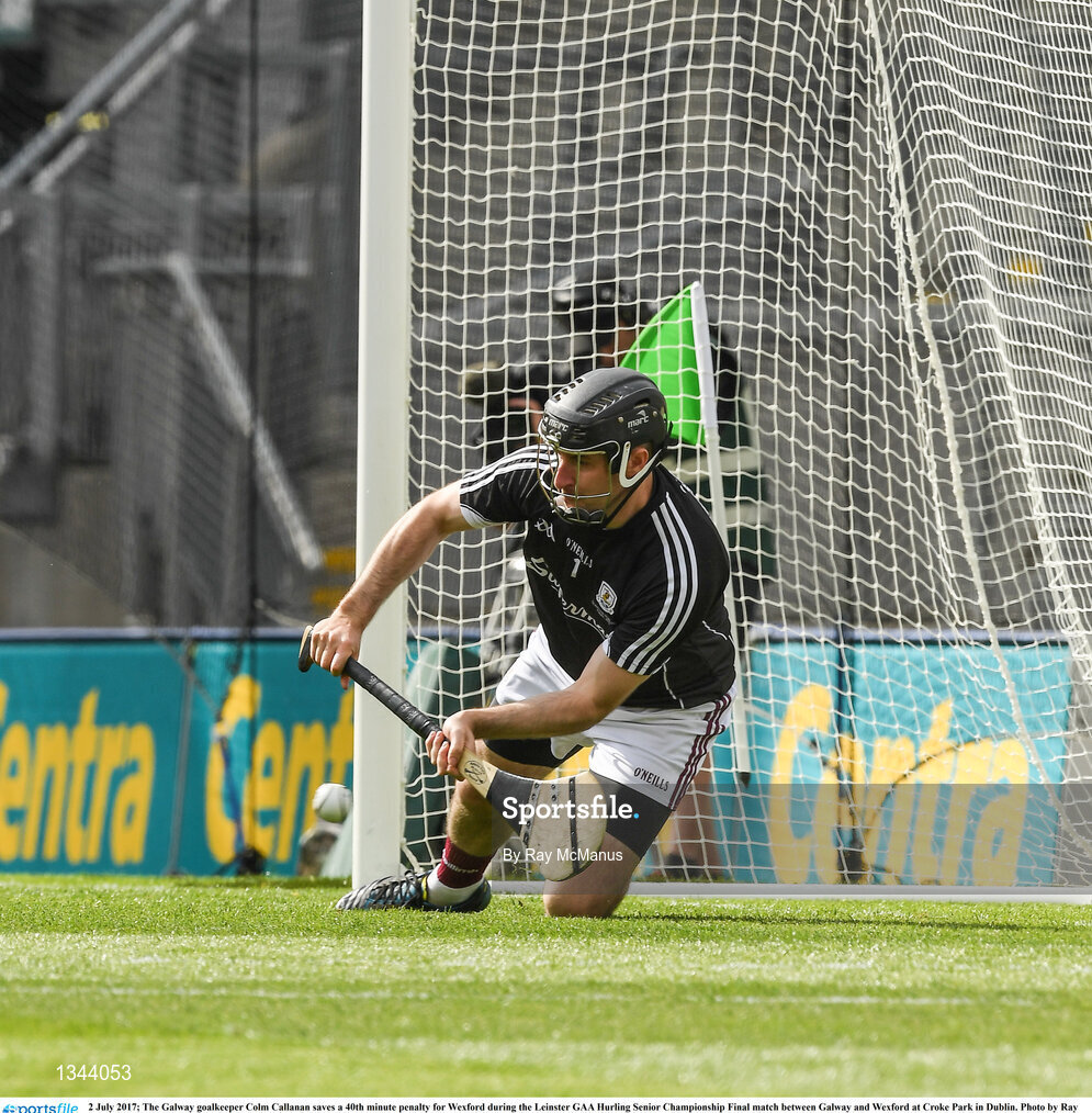 2 July 2017; The Galway goalkeeper Colm Callanan saves a 40th minute penalty for Wexford during the Leinster GAA Hurling Senior Championship Final match between Galway and Wexford at Croke Park in Dublin. Photo by Ray McManus/Sportsfile