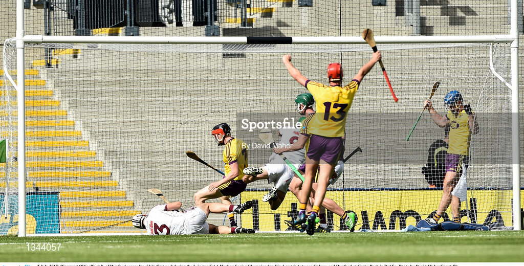 2 July 2017; Diarmuid O'Keeffe, left, of Wexford scores his side's first goal during the Leinster GAA Hurling Senior Championship Final match between Galway and Wexford at Croke Park in Dublin. Photo by David Maher/Sportsfile
