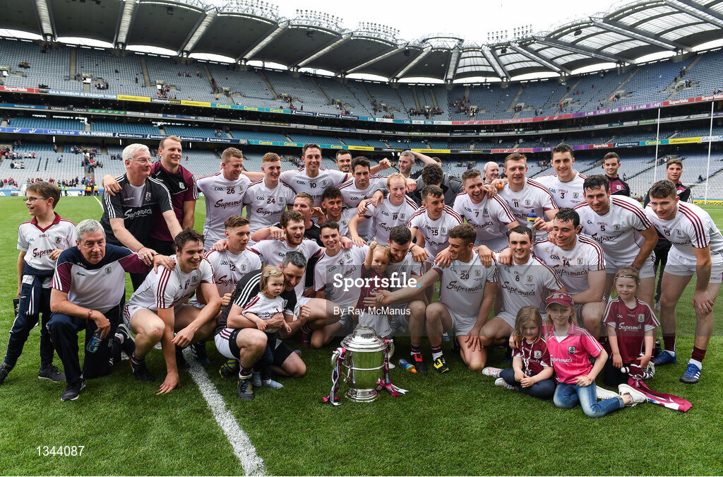 2 July 2017; The Galway squad and officials celebrate with the Bob O'Keeffe Cup after the Leinster GAA Hurling Senior Championship Final match between Galway and Wexford at Croke Park in Dublin. Photo by Ray McManus/Sportsfile
