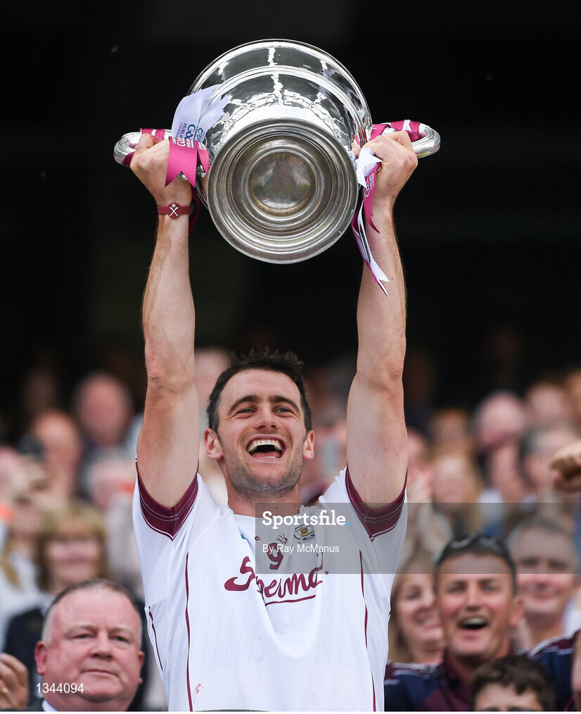 2 July 2017; The Galway captain David Burke lifts the Bob O'Keeffe Cup after the Leinster GAA Hurling Senior Championship Final match between Galway and Wexford at Croke Park in Dublin. Photo by Ray McManus/Sportsfile