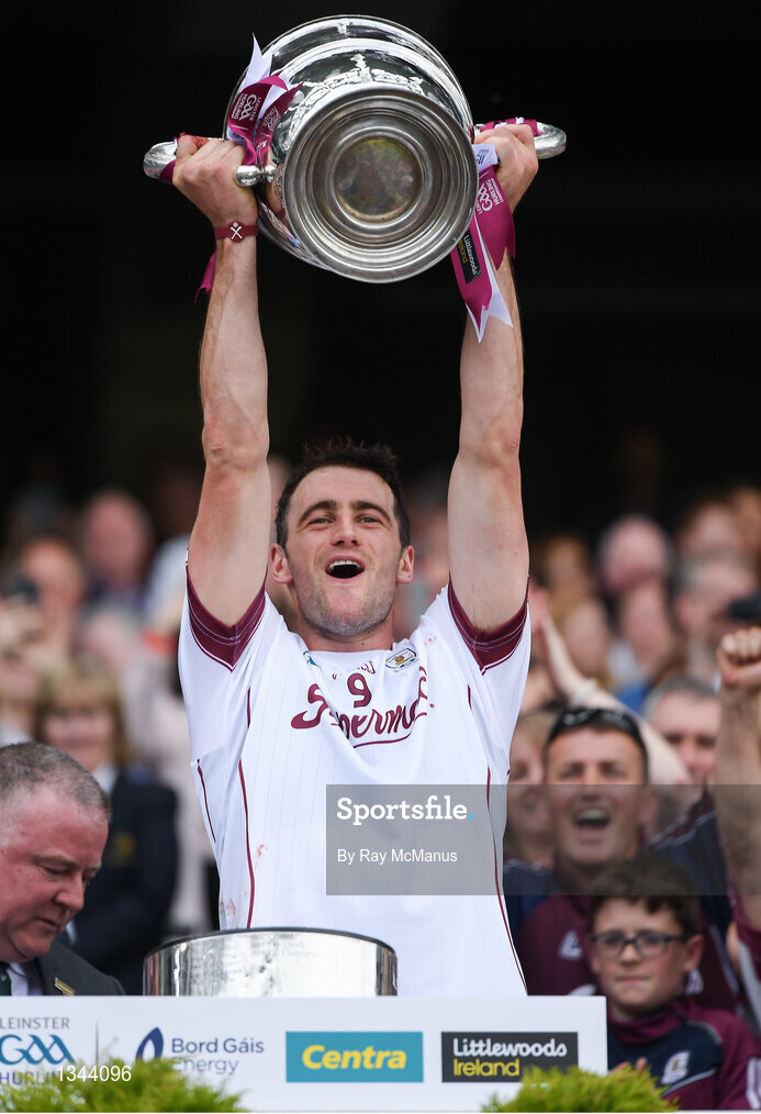 2 July 2017; The Galway captain David Burke lifts the Bob O'Keeffe Cup after the Leinster GAA Hurling Senior Championship Final match between Galway and Wexford at Croke Park in Dublin. Photo by Ray McManus/Sportsfile