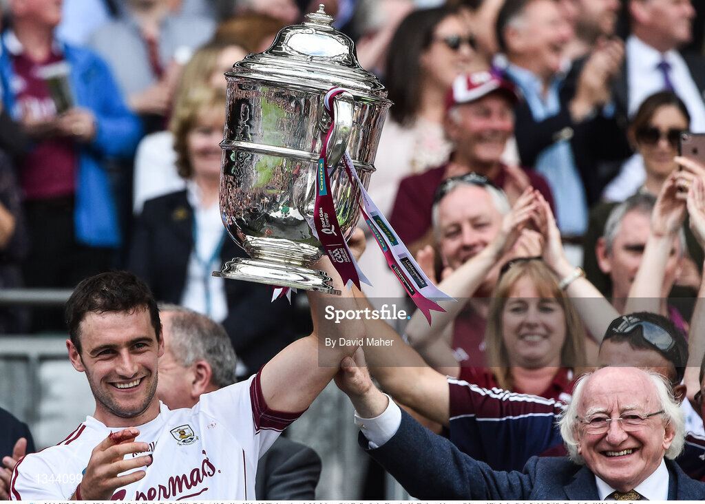 2 July 2017; Captain of Galway David Burke lifts the The Bob O'Keeffe Cup with President Michael D Higgins at the end of the Leinster GAA Hurling Senior Championship Final match between Galway and Wexford at Croke Park in Dublin. Photo by David Maher/Sportsfile