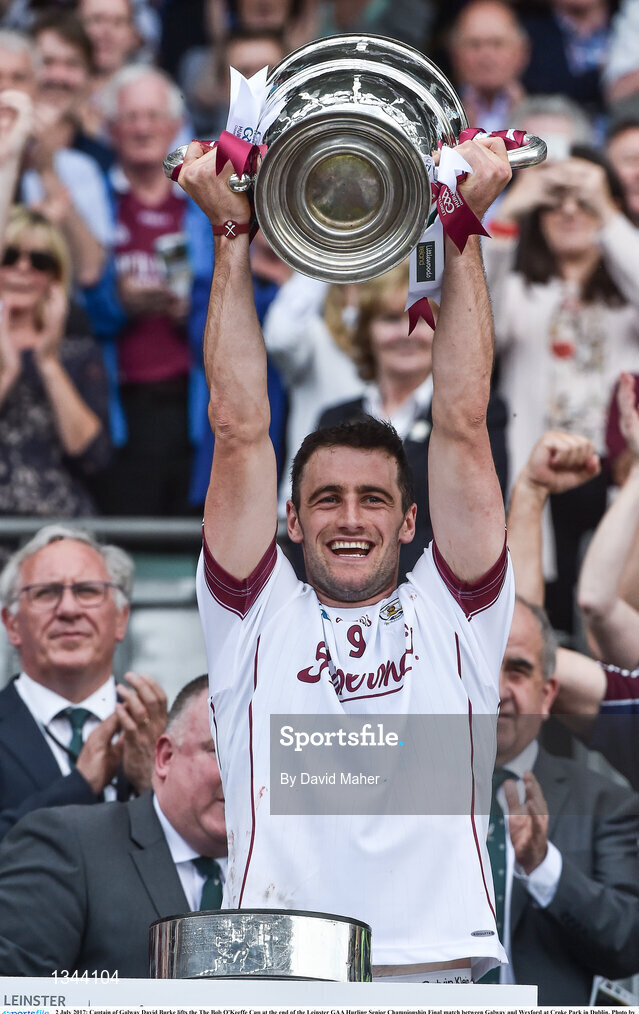 2 July 2017; Captain of Galway David Burke lifts the The Bob O'Keeffe Cup at the end of the Leinster GAA Hurling Senior Championship Final match between Galway and Wexford at Croke Park in Dublin. Photo by David Maher/Sportsfile