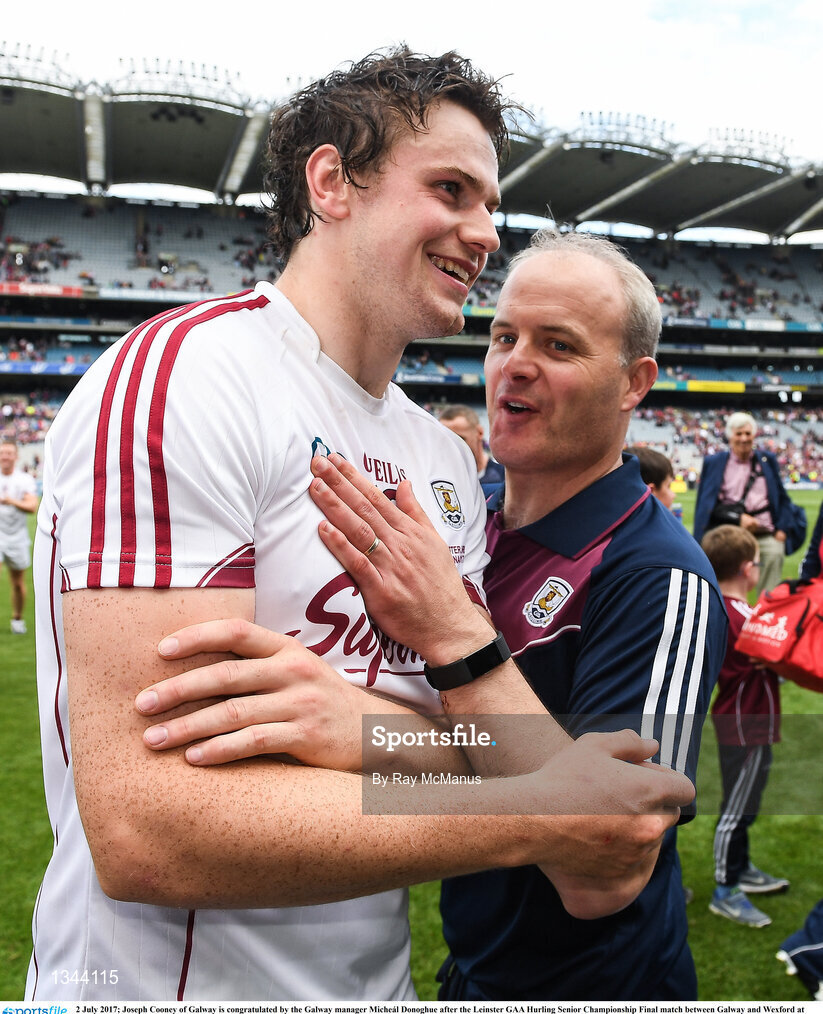 2 July 2017; Joseph Cooney of Galway is congratulated by the Galway manager Micheál Donoghue after the Leinster GAA Hurling Senior Championship Final match between Galway and Wexford at Croke Park in Dublin. Photo by Ray McManus/Sportsfile