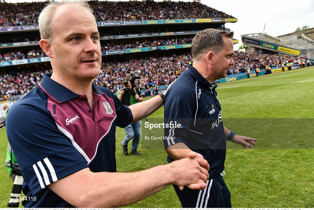2 July 2017; Galway manager Micheál Donoghue shakes hands with Wexford manager Davy Fitzgerald at the end of the Leinster GAA Hurling Senior Championship Final match between Galway and Wexford at Croke Park in Dublin. Photo by David Maher/Sportsfile